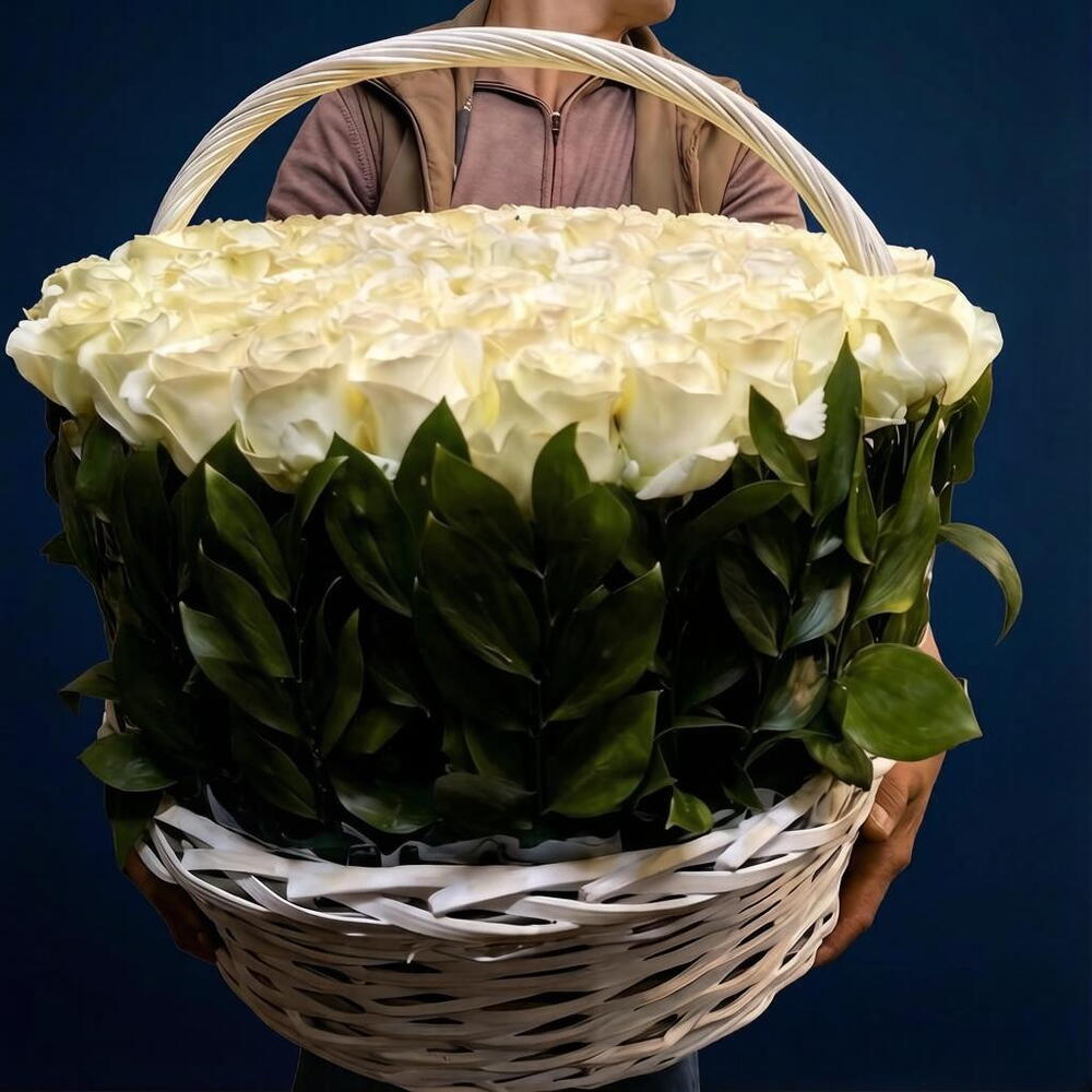 🌹101 БЕЛАЯ РОЗА В ПЛЕТЕНОЙ КОРЗИНЕ🌹