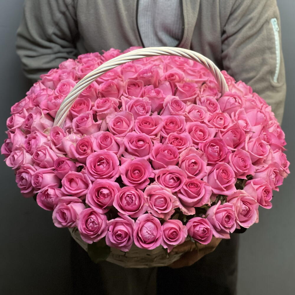 🌹101 РОЗОВАЯ РОЗА В КОРЗИНЕ🌹