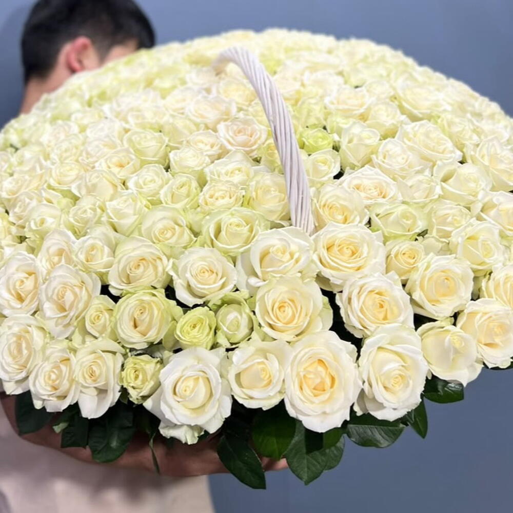 🌹АБСОЛЮТНАЯ КЛАССИКА ИЗ 201 КРУПНОЙ БЕЛОЙ РОЗЫ В КОРЗИНЕ🌹