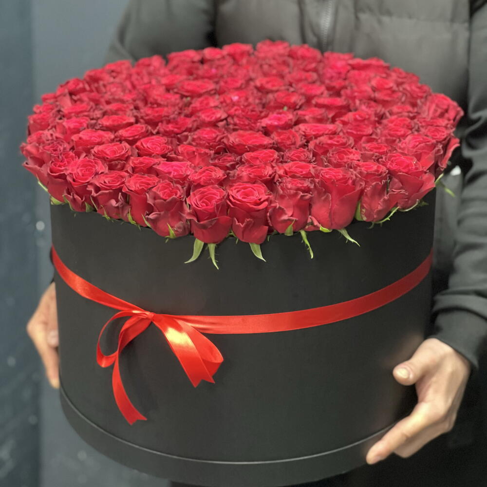 🌹КОМПОЗИЦИЯ ИЗ 101 КРУПНОЙ КРАСНОЙ РОЗЫ В ЧЕРНОЙ КОРОБКЕ🌹