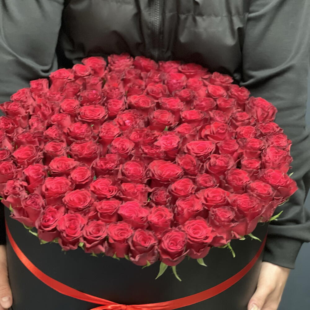 🌹КОМПОЗИЦИЯ ИЗ 101 КРУПНОЙ КРАСНОЙ РОЗЫ В ЧЕРНОЙ КОРОБКЕ🌹